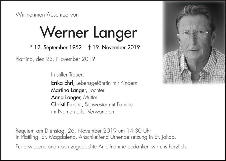 Traueranzeige Werner Langer