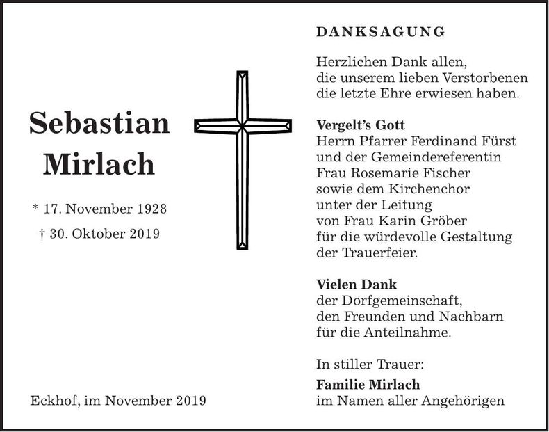 Traueranzeige Sebastian Mirlach