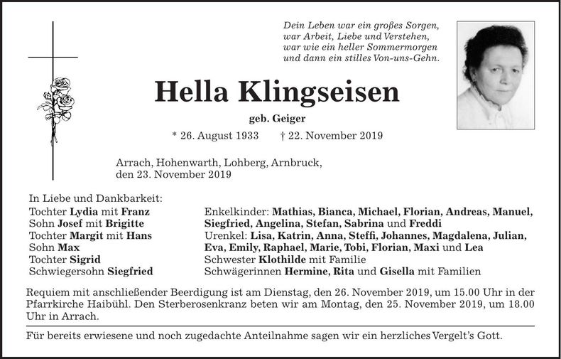 Traueranzeige Hella Klingseisen