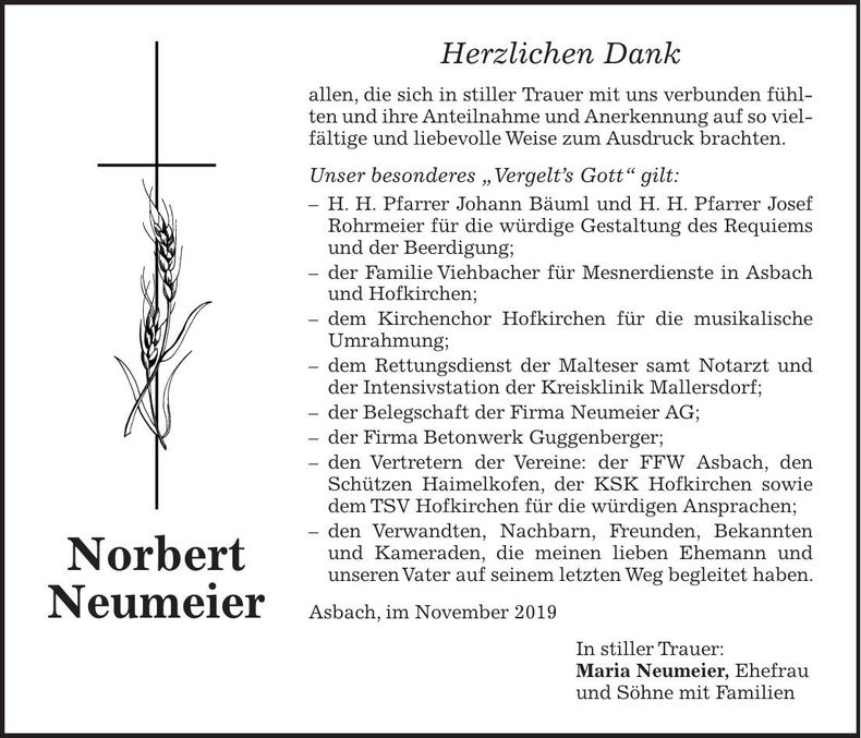 Traueranzeige Norbert Neumeier