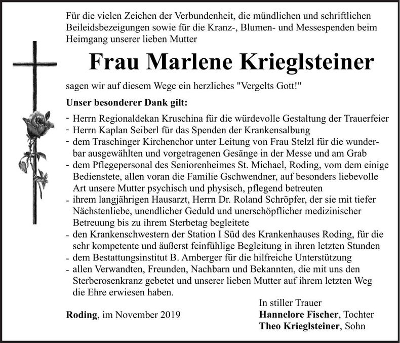 Traueranzeige Marlene Krieglsteiner