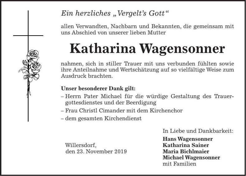 Traueranzeige Katharina Wagensonner