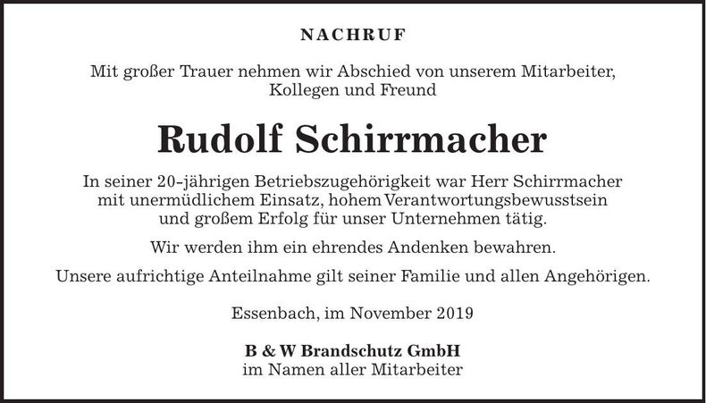 Traueranzeige Rudolf Schirrmacher