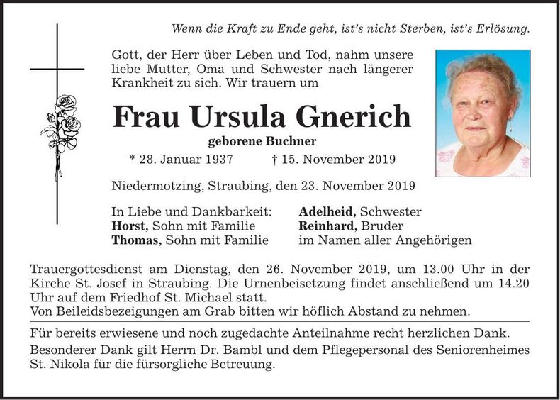 Traueranzeige Ursula Gnerich