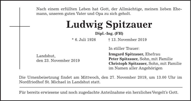 Traueranzeige Ludwig Spitzauer