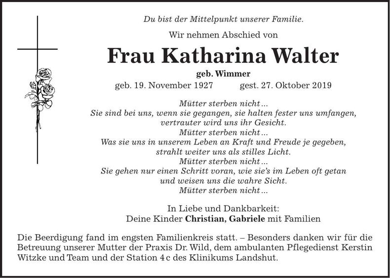 Traueranzeige Katharina Walter