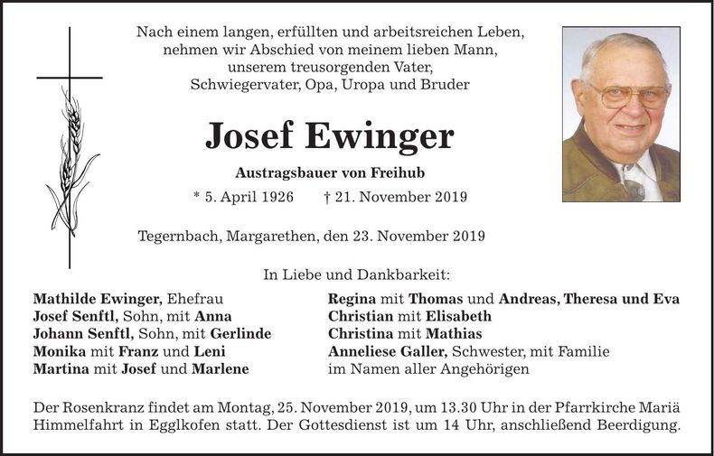 Traueranzeige Josef Ewinger