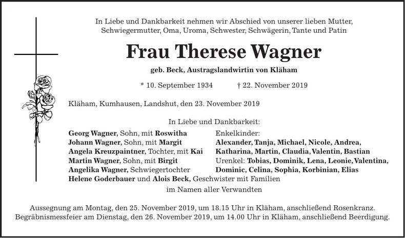 Traueranzeige Therese Wagner