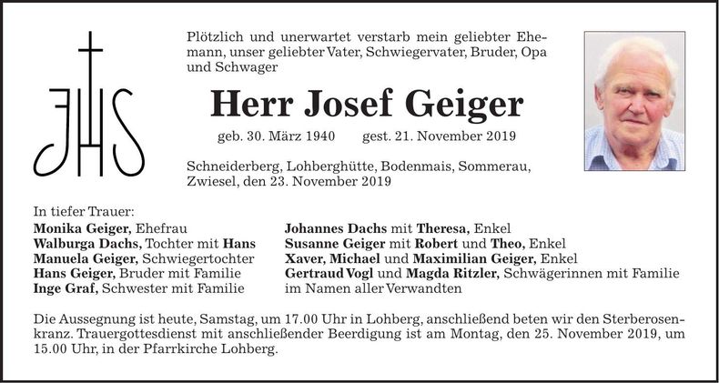 Traueranzeige Josef Geiger