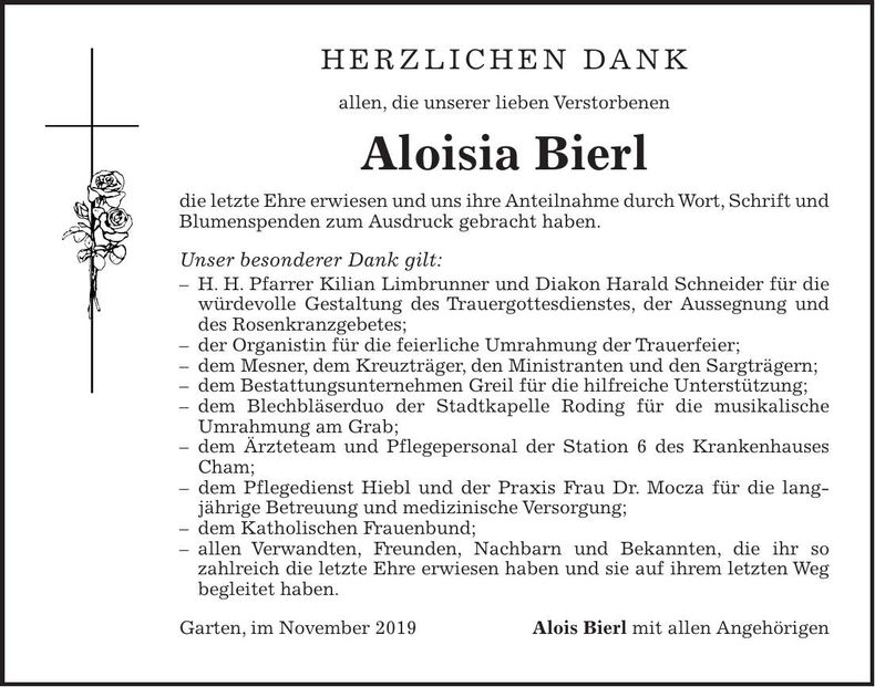 Traueranzeige Aloisia Bierl