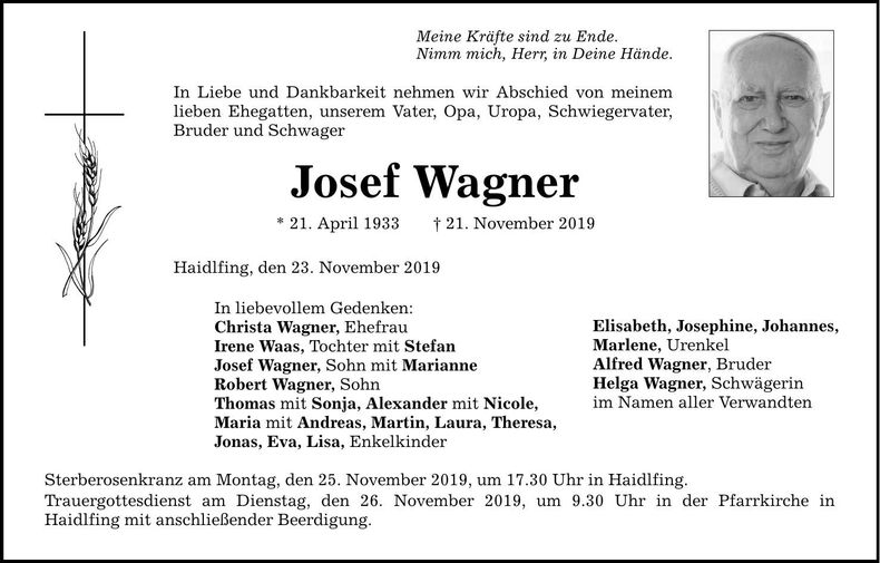 Traueranzeige Josef Wagner