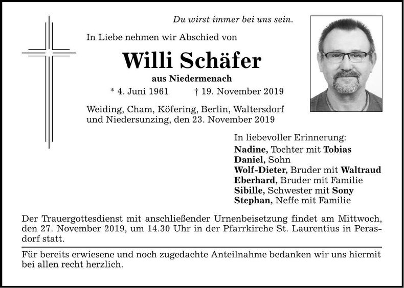 Traueranzeige Willi Schäfer
