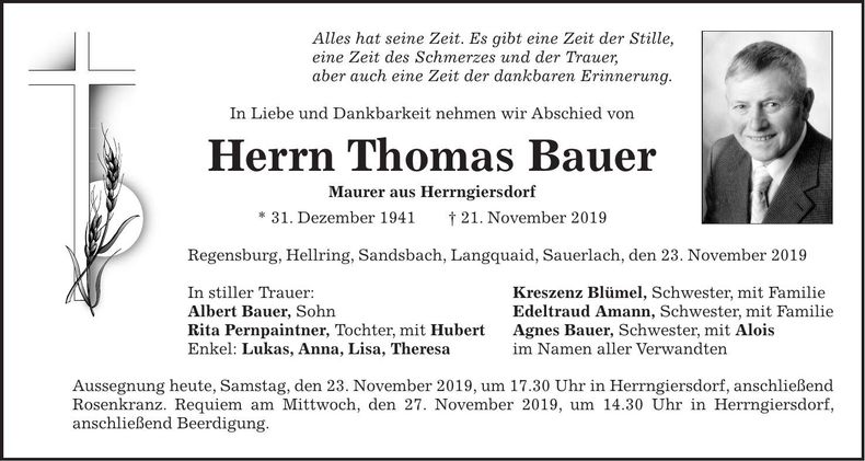 Traueranzeige Thomas Bauer