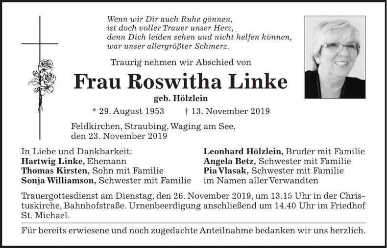 Traueranzeige Roswitha Linke