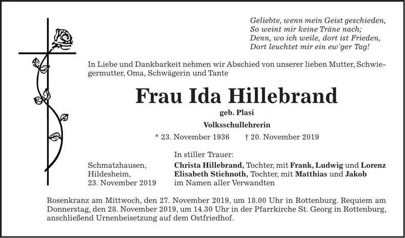 Traueranzeige Ida Hillebrand