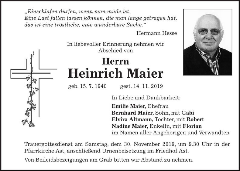 Traueranzeige Heinrich Maier