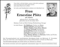 Traueranzeige Ernestine Plötz