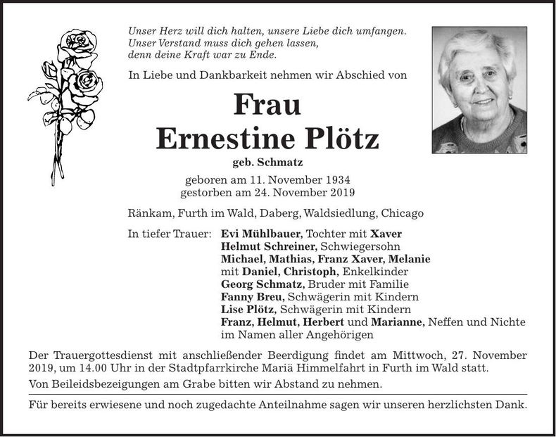 Traueranzeige Ernestine Plötz