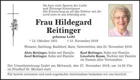 Traueranzeige Hildegard Reitinger