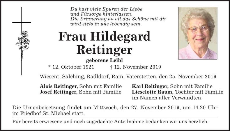 Traueranzeige Hildegard Reitinger