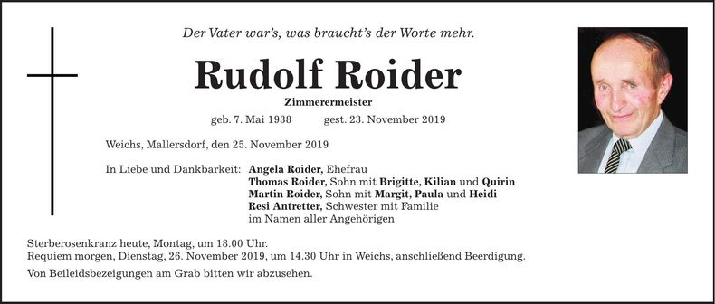 Traueranzeige Rudolf Roider