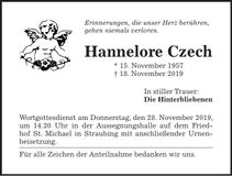 Traueranzeige Hannelore Czech