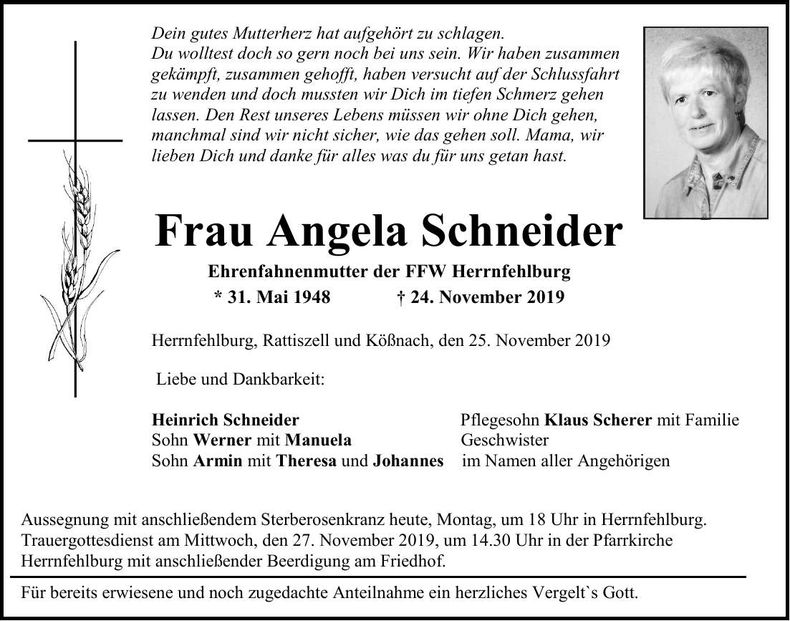 Traueranzeige Angela Schneider