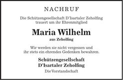 Traueranzeige Maria Wilhelm