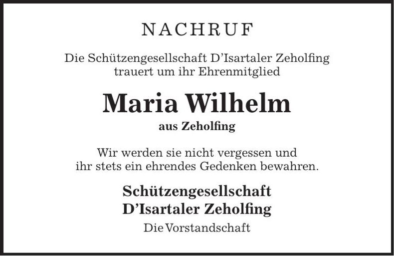 Traueranzeige Maria Wilhelm