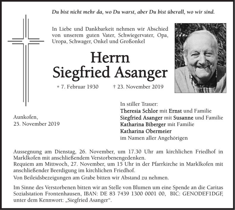 Traueranzeige Siegfried Asanger