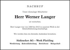 Traueranzeige Werner Langer