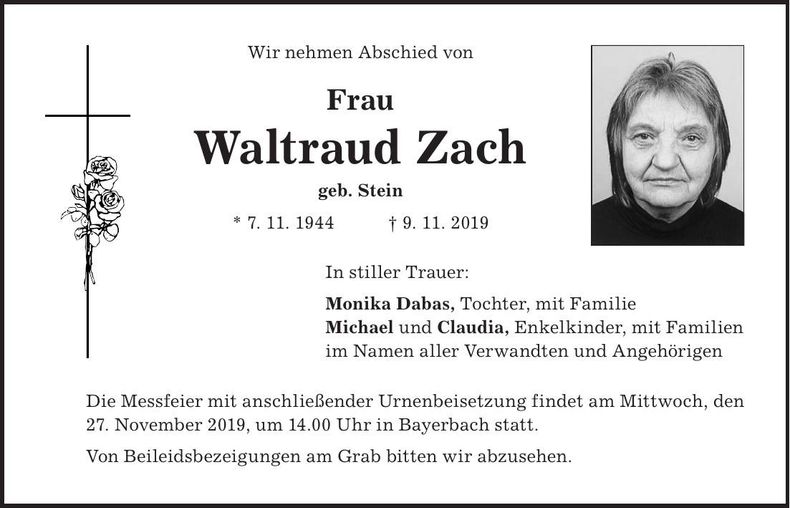 Traueranzeige Waltraud Zach