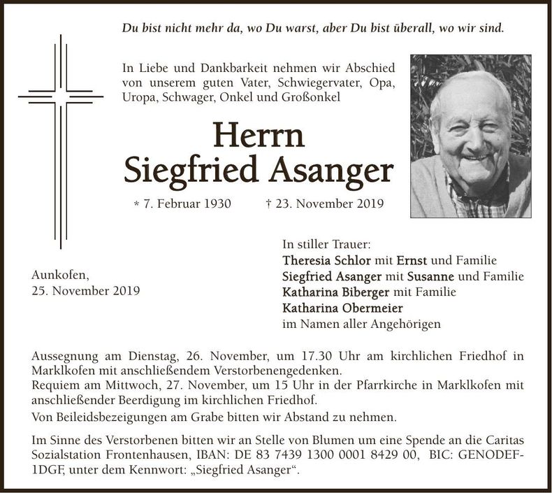 Traueranzeige Siegfried Asanger
