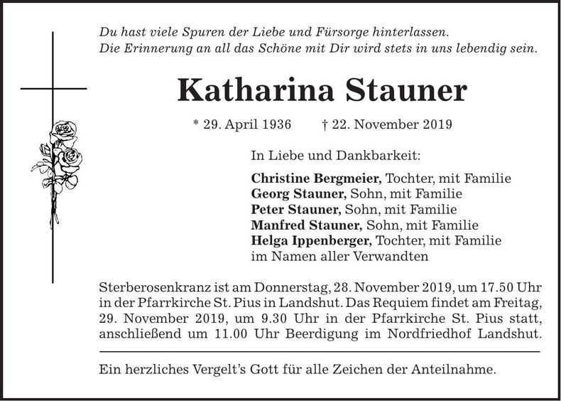 Traueranzeige Katharina Stauner