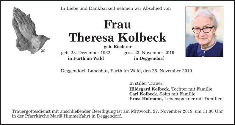 Traueranzeige Theresa Kolbeck