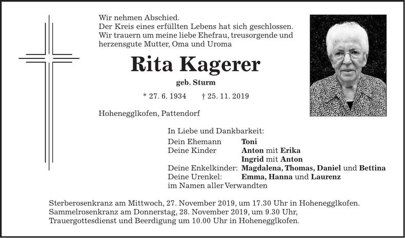 Traueranzeige Rita Kagerer