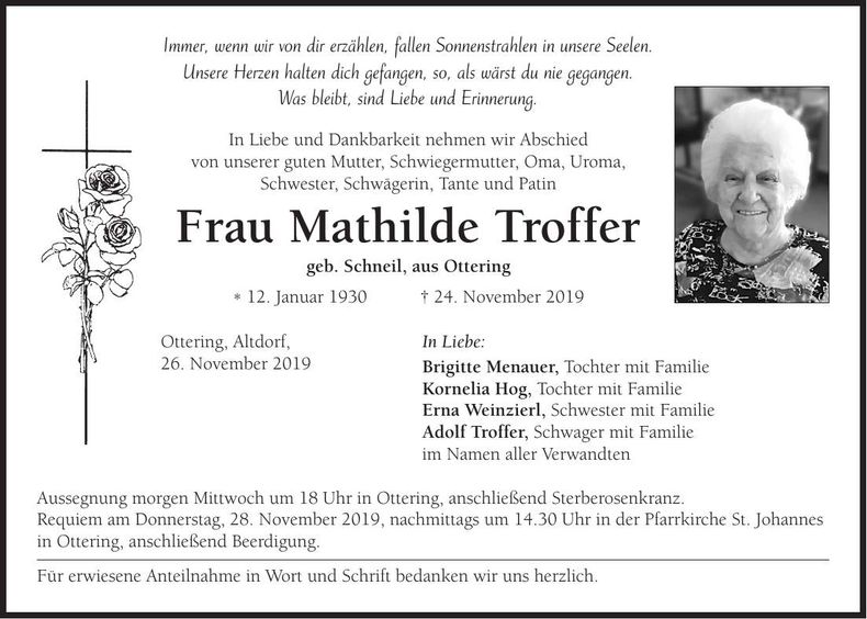 Traueranzeige Mathilde Troffer