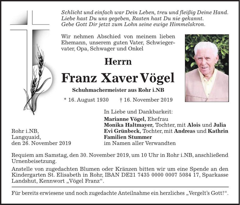 Traueranzeige Franz Xaver Vögel