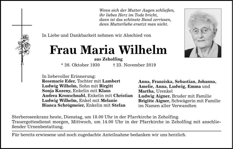 Traueranzeige Maria Wilhelm