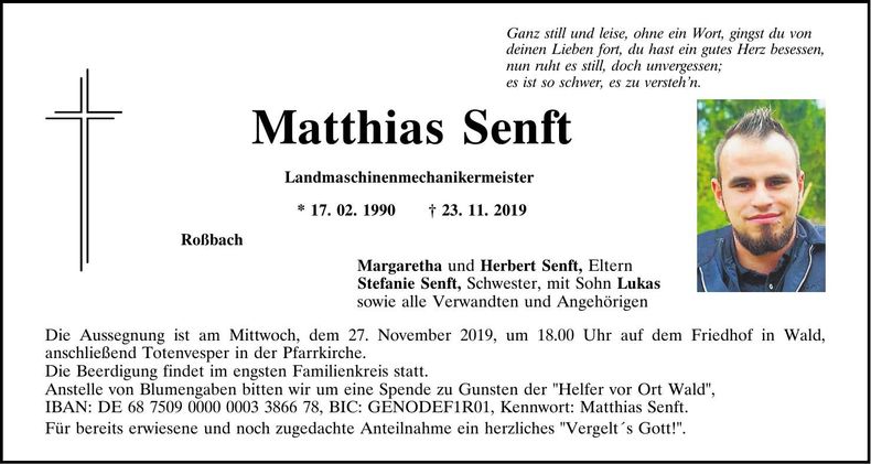 Traueranzeige Matthias Senft