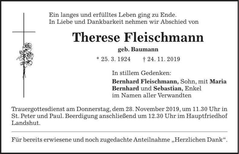 Traueranzeige Therese Fleischmann