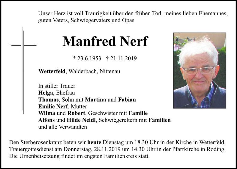 Traueranzeige Manfred Nerf