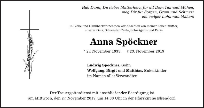 Traueranzeige Anna Spöckner