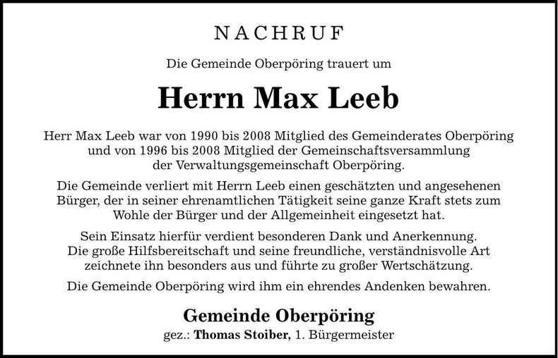Traueranzeige Max Leeb