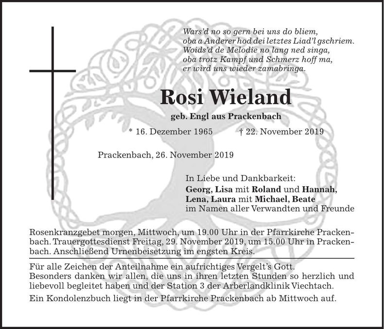 Traueranzeige Rosi Wieland
