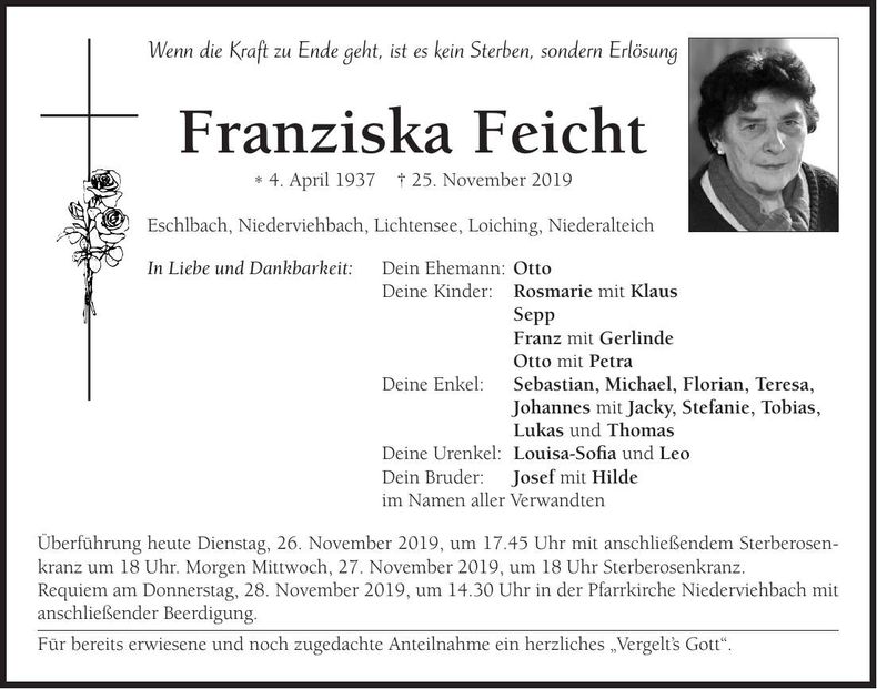 Traueranzeige Franziska Feicht