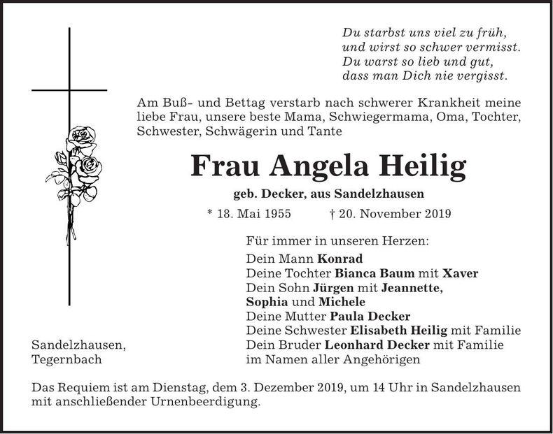 Traueranzeige Angela Heilig