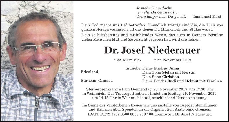 Traueranzeige Josef Niederauer