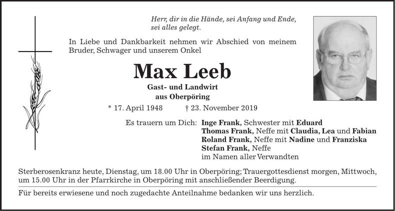 Traueranzeige Max Leeb
