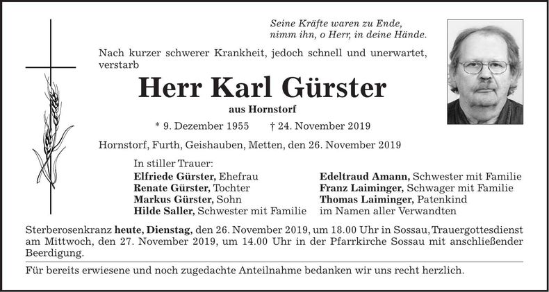 Traueranzeige Karl Gürster